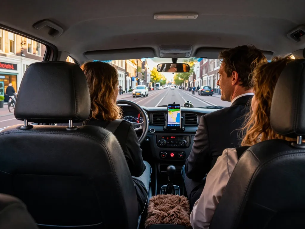 Taxi Amsterdam interieur met vriendelijke chauffeur en tevreden passagiers die genieten van een soepele rit door de stad.