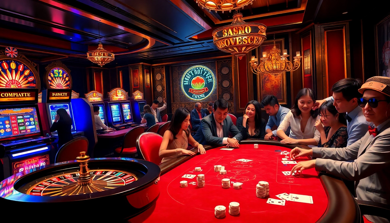 Exciting gaming scene at tg88.com casino showcasing players enjoying roulette and poker in a luxurious setting.