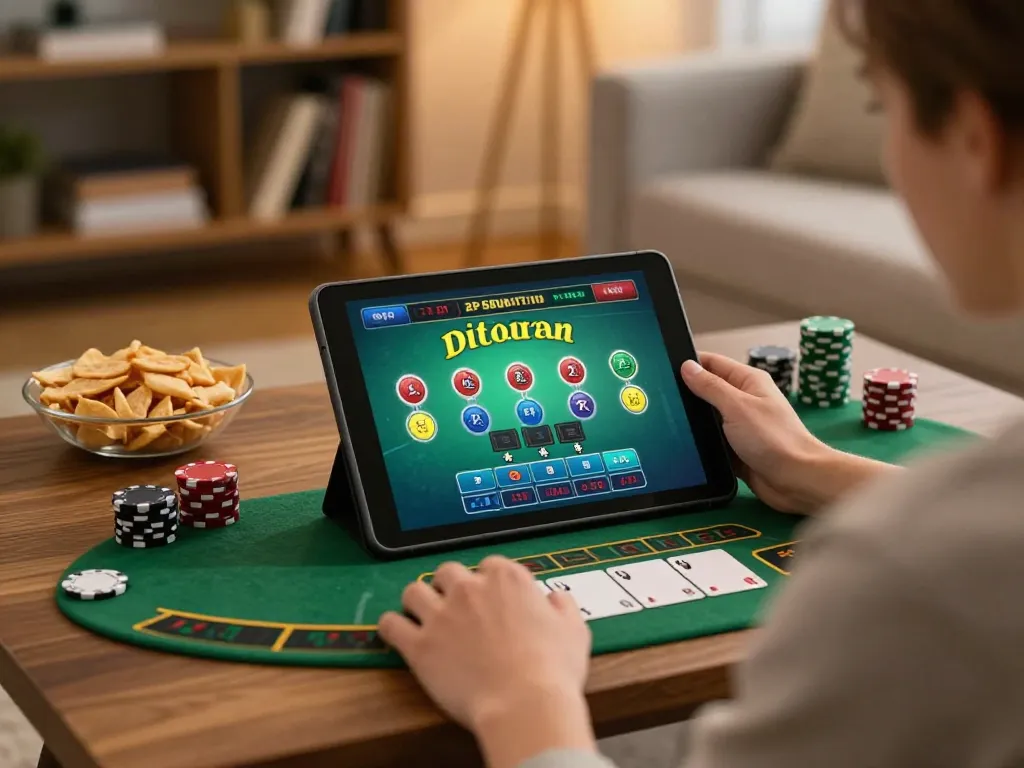 vin88a user engaged in live dealer blackjack game at home, showcasing personal gambling setup for strategic enjoyment.