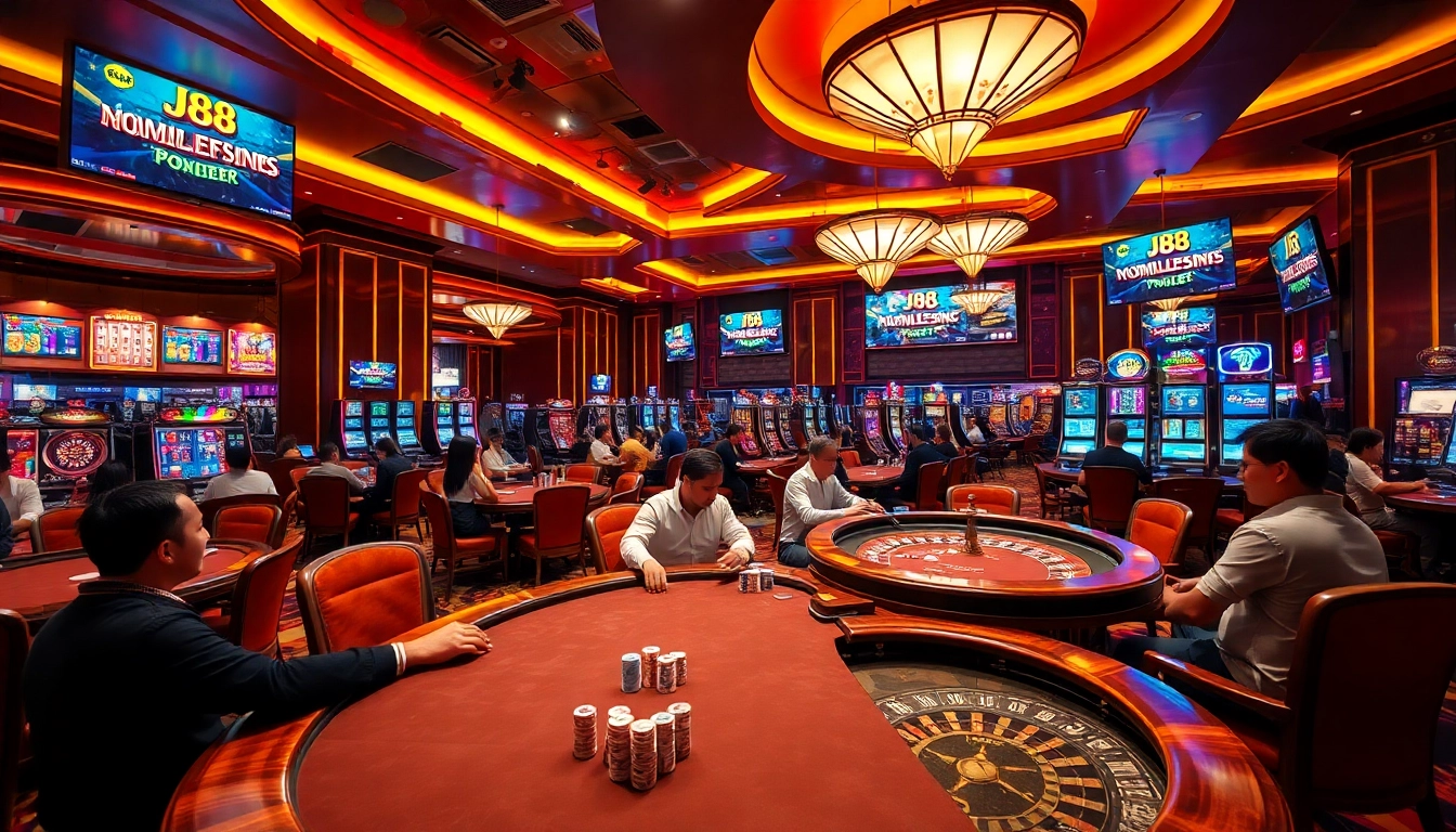Players engaging in high-stakes poker and roulette at luxury casino showcasing J88.