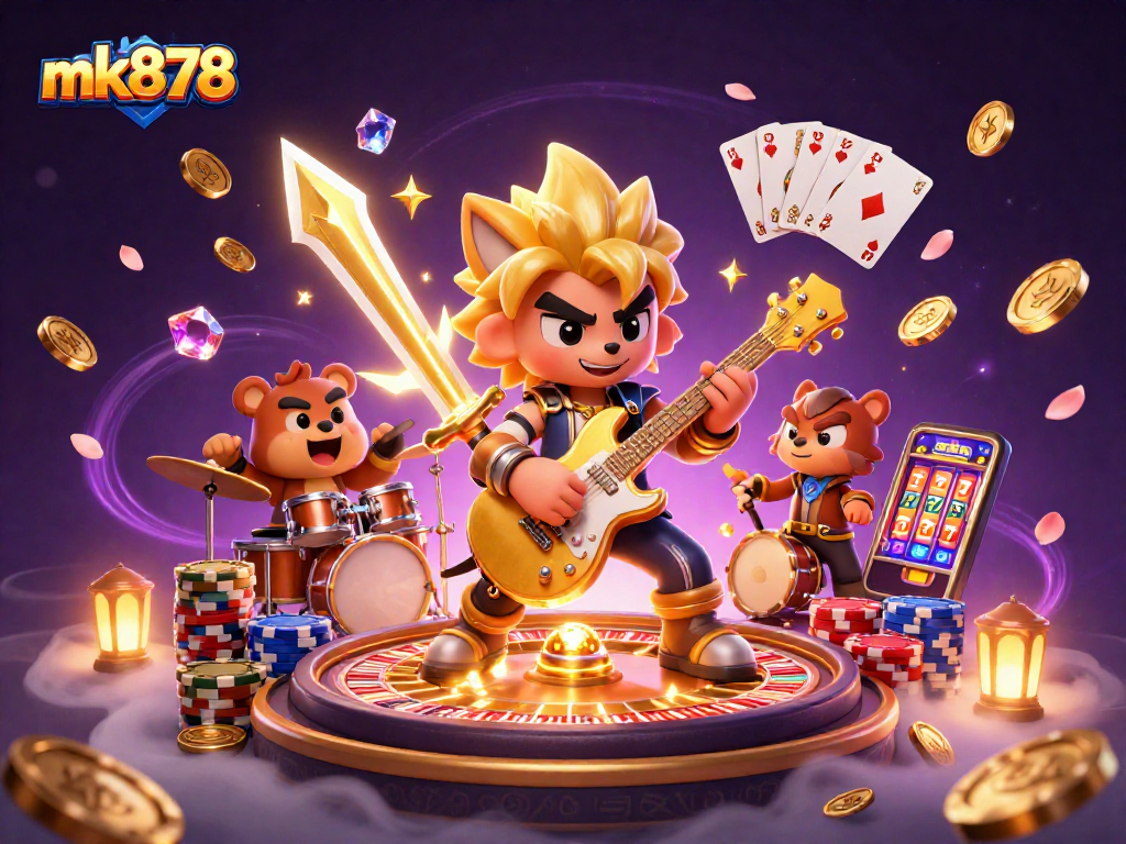 Engage with mk878's exciting casino scene featuring a rock star wolf and drummer bear amid vibrant gaming elements.