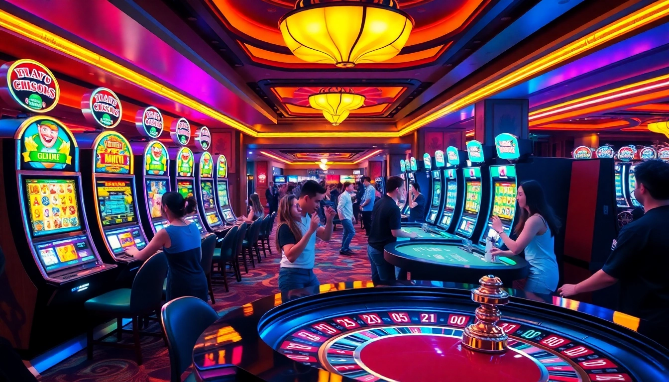 Experience the excitement of 23win with players celebrating wins at luxurious slot machines.