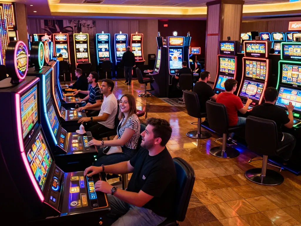 Players celebrating wins at colorful slot machines, showcasing a dynamic atmosphere in du 88 casino.