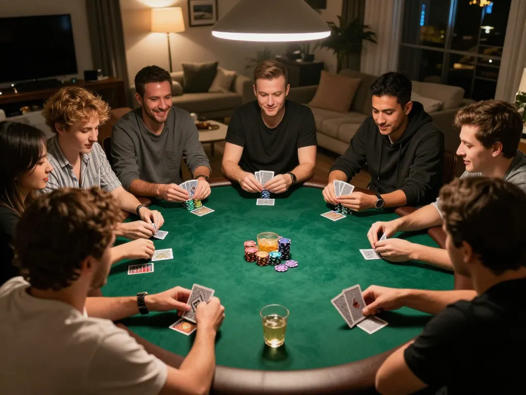Kkwin players enjoying a friendly poker game in a cozy home setting, showcasing strategic interaction and excitement.