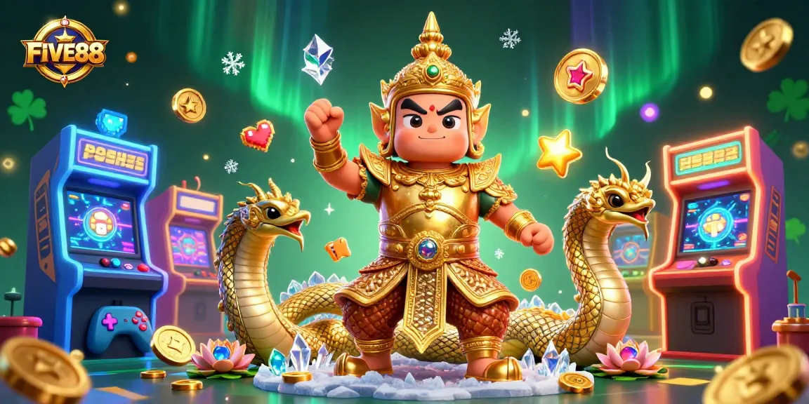 Experience the thrill of FIVE88's dynamic gaming with vibrant characters and casino elements in a 3D illustration.