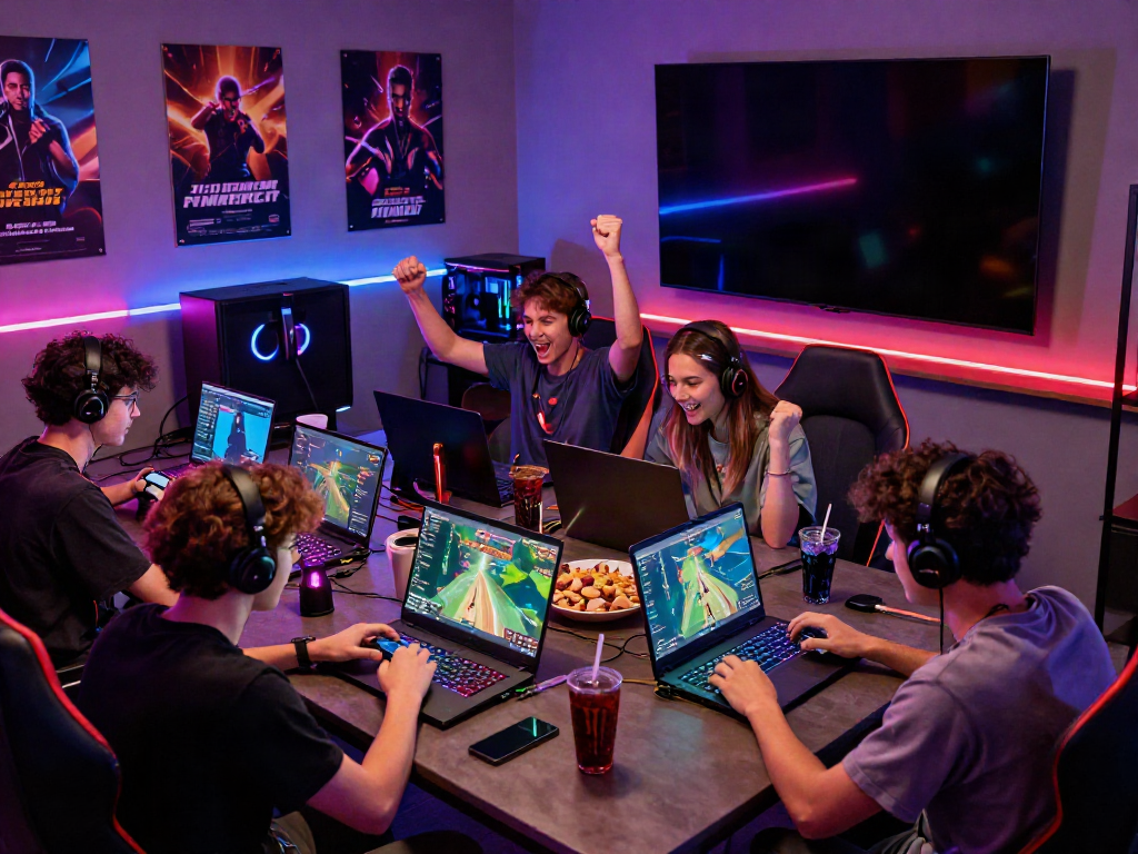 Exciting gaming scene at https://hitclub3.io/ with friends celebrating a victory.