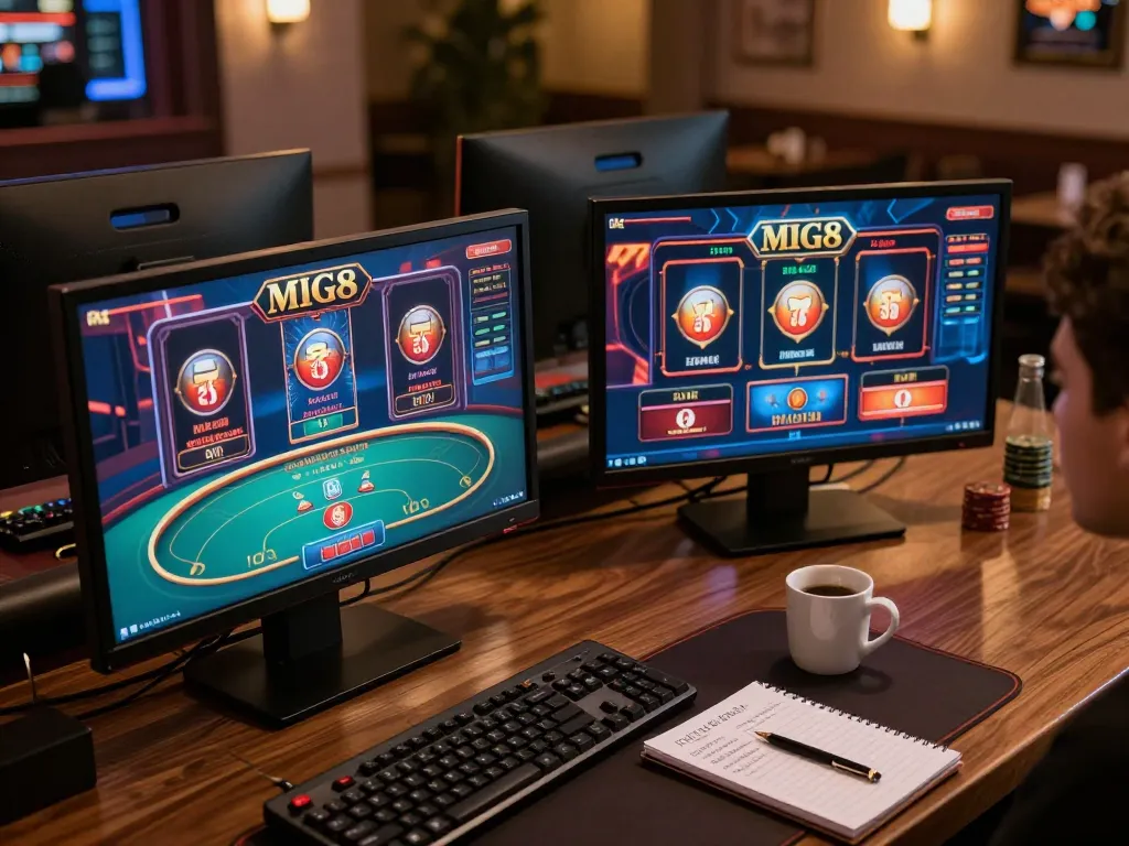 MIG8 online gaming setup showcasing poker and slots on multiple screens, promoting responsible gaming