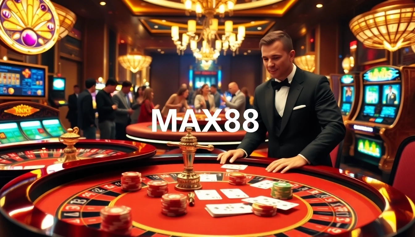Experience the thrill of MAX88 at a luxurious casino table, surrounded by vibrant slot machines and eager players.