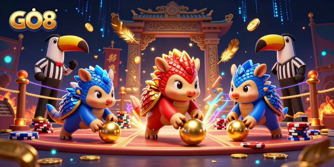 GO8 pangolins compete in a lively casino-themed scene with poker chips and vibrant effects.