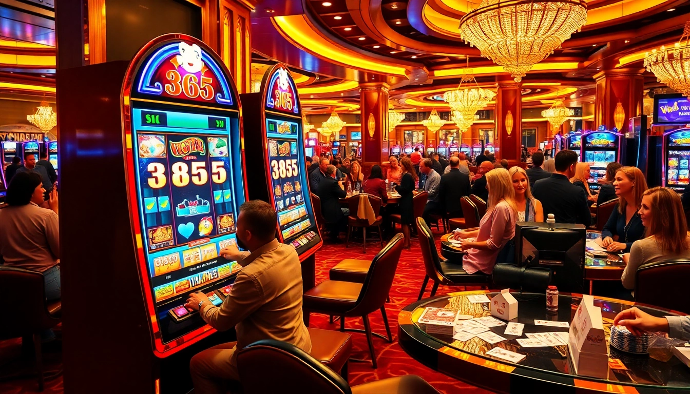 Engaged player wins on the vibrant 365 slot machine surrounded by casino excitement.