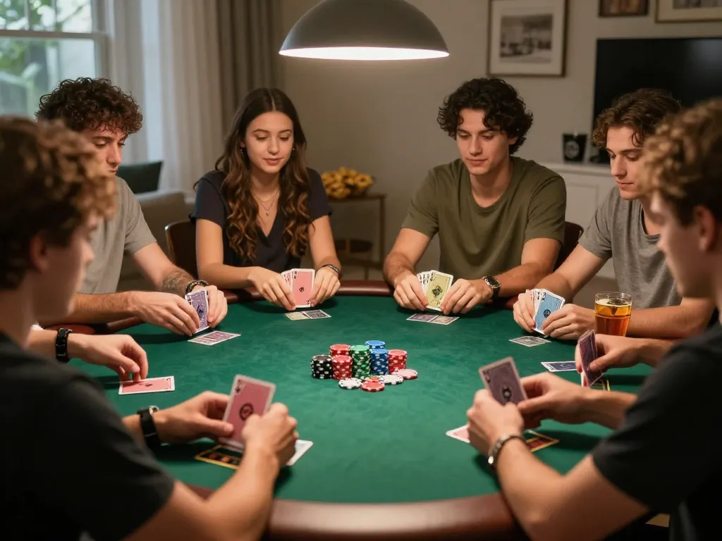 HELLO88 players enjoying a thrilling home poker game night, engaging in Texas Hold'em strategy with stacked chips.