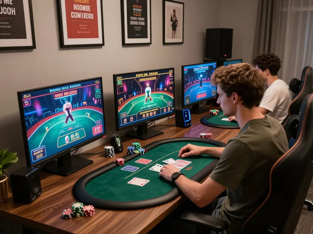 FABET user engaging in strategic poker gameplay on multiple screens