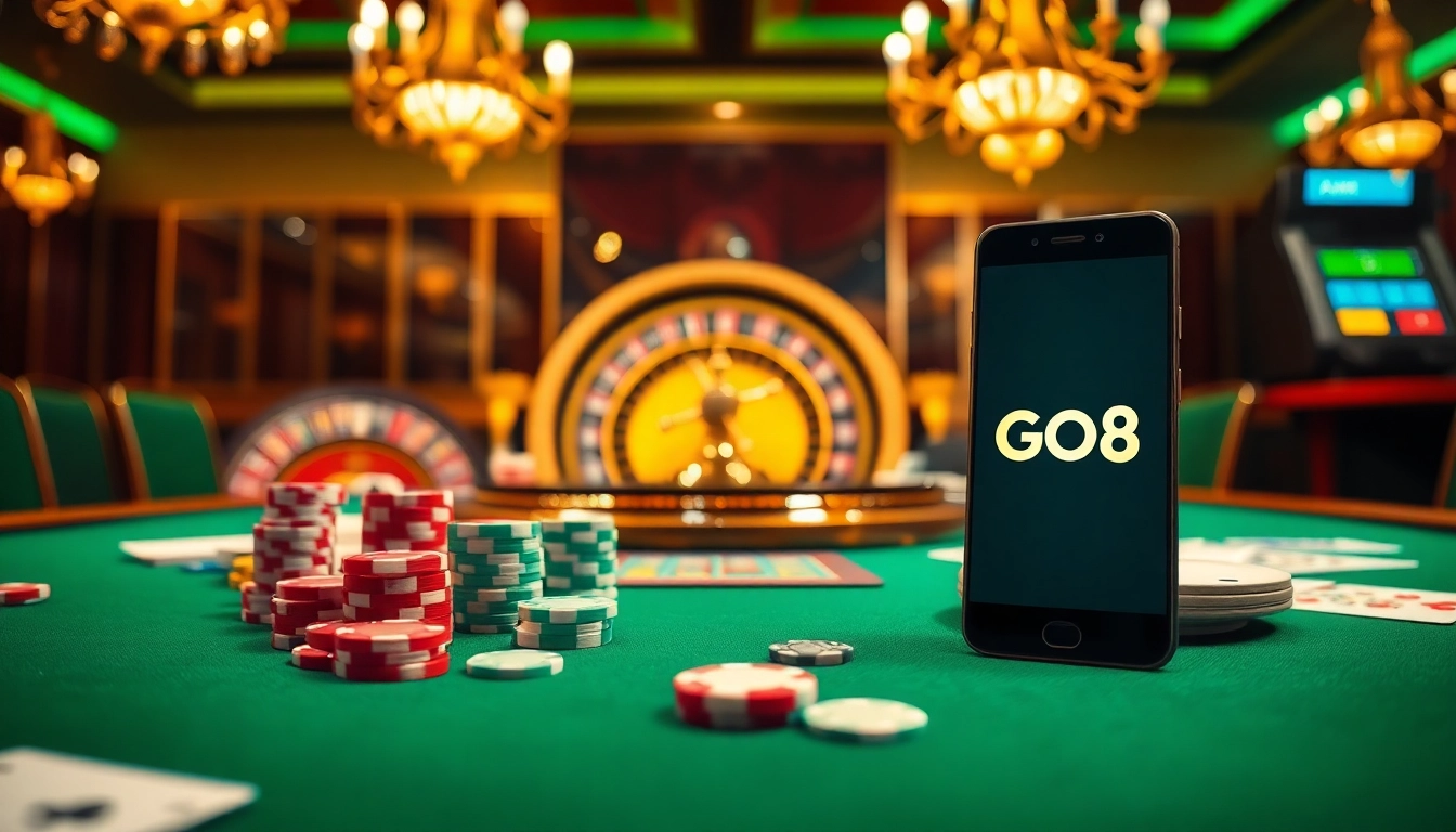 Experience the thrill of GO8 gaming with poker tables, chips, and roulette wheels.