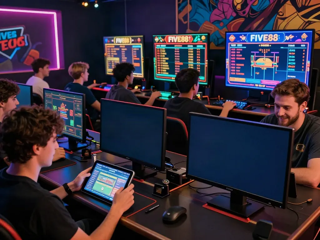 Players enjoying online games at FIVE88, highlighting sports betting and live casino excitement.