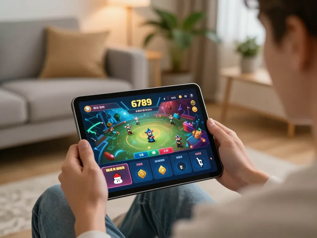 Engaging in online gaming on Trang chủ 6789 with a tablet in a cozy living room