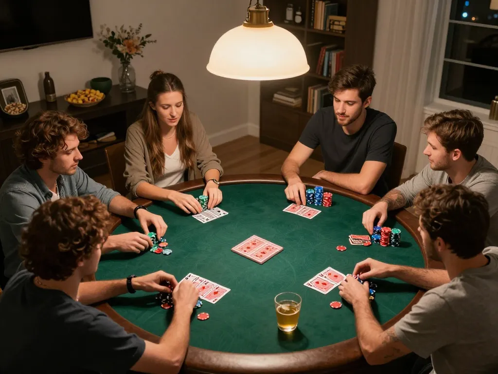 Friends playing poker at home with dn88 chips and cards on the table, creating a lively atmosphere