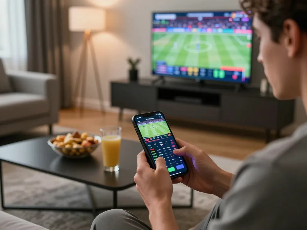 Betting on FUN88 with live odds on smartphone in a cozy home setup, enhancing sports viewing experience