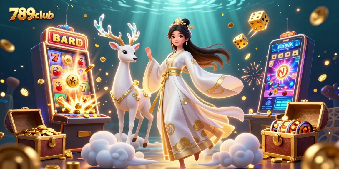 Spin jackpots at 789club as a beautiful Asian woman in modern hanfu enjoys vibrant casino elements.