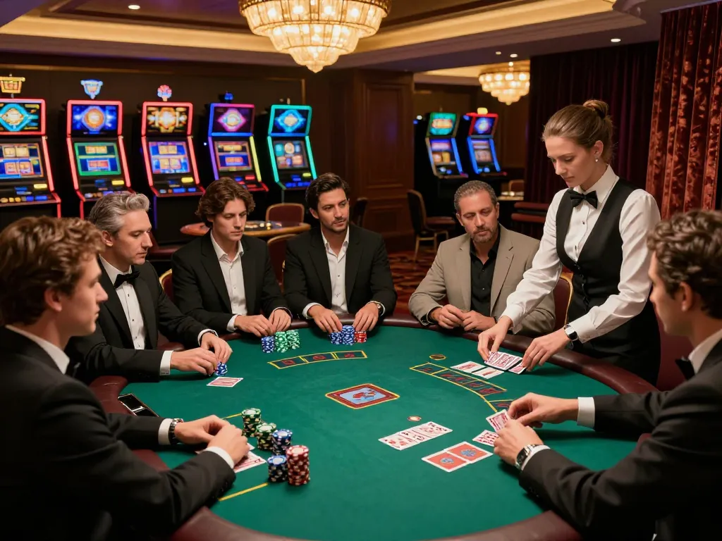 Players engage in a high-stakes blackjack game at an elite casino, showcasing S666 strategic moves and anticipation.
