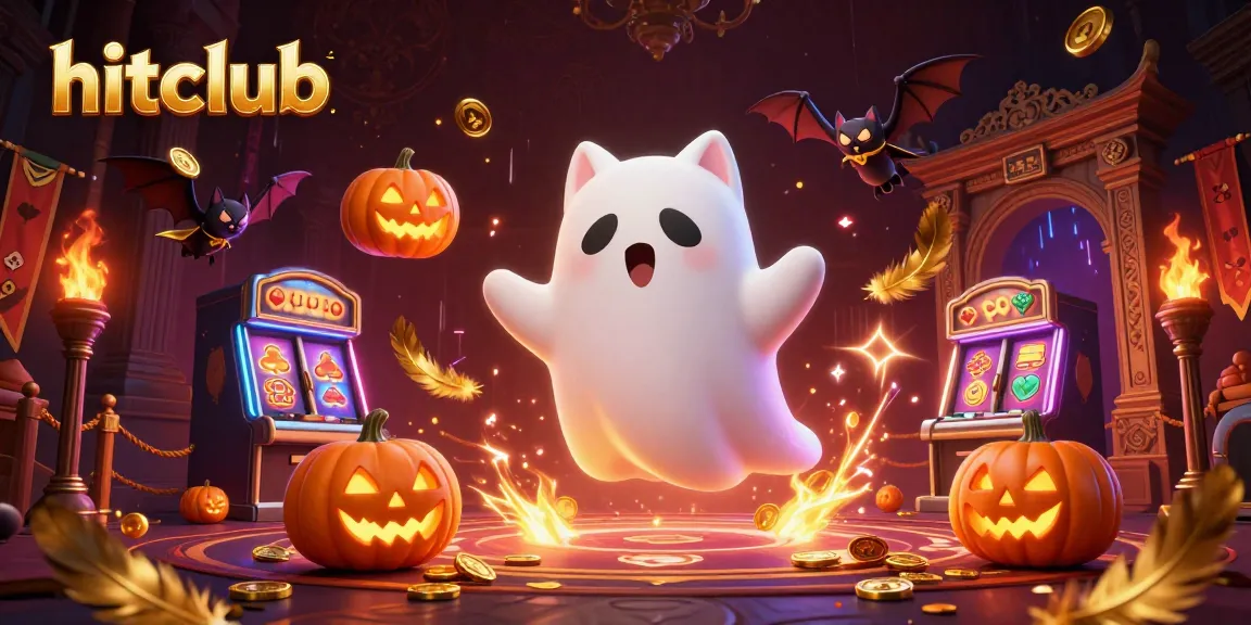 Hitclub casts a ghostly charm in a haunted casino, with glowing jack-o-lanterns and a friendly cat.