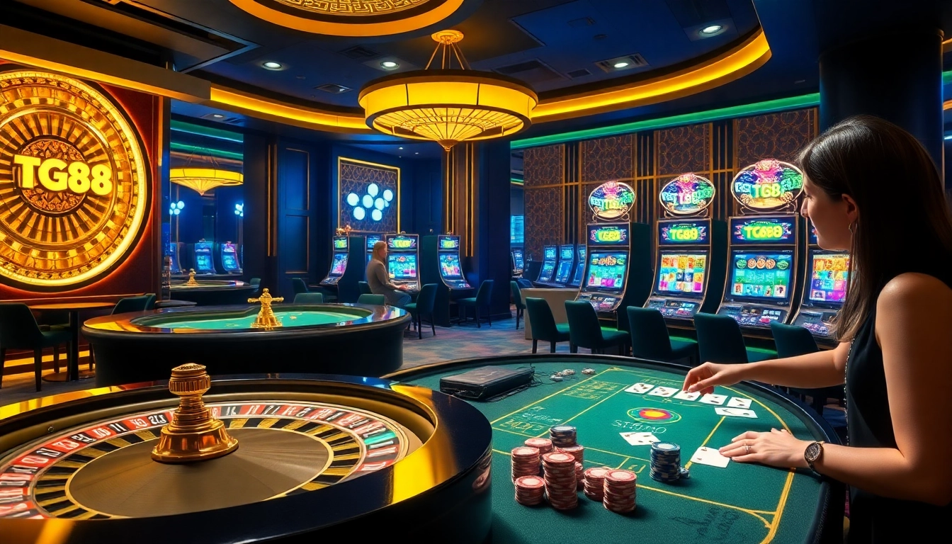 Players engaging in thrilling games at TG88 casino, showcasing vibrant slot machines and a roulette table.