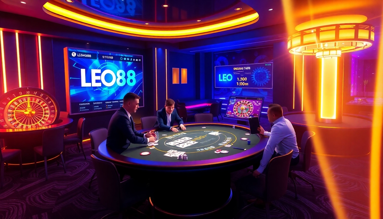 LEO88 showcases an engaging online poker experience with vibrant chips and strategic play.