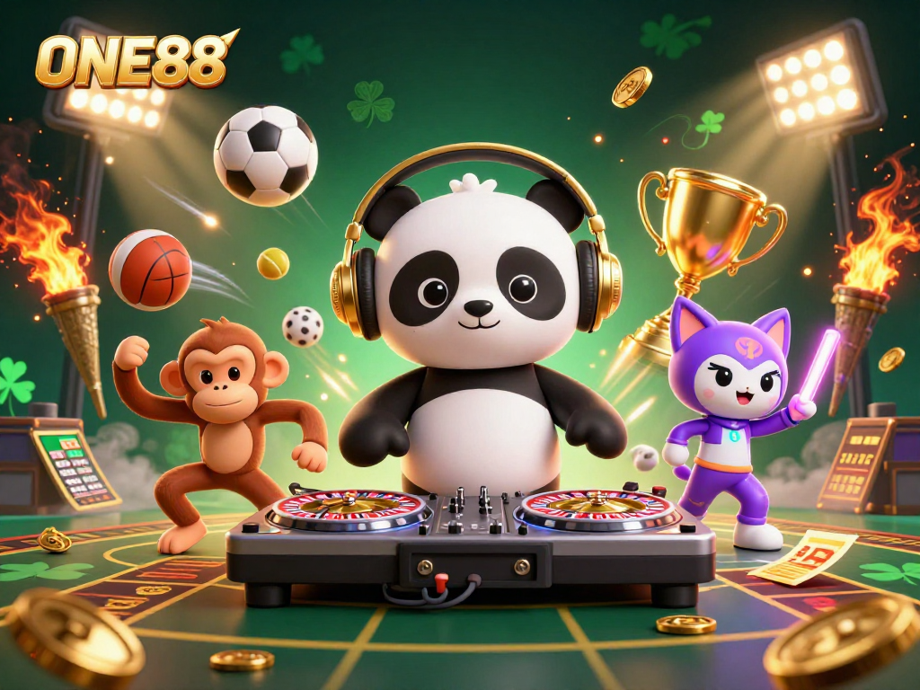 Engaging illustration showcasing ONE88 with a DJ panda, breakdancing monkey, and rave kitten amidst vibrant sports-themed elements.
