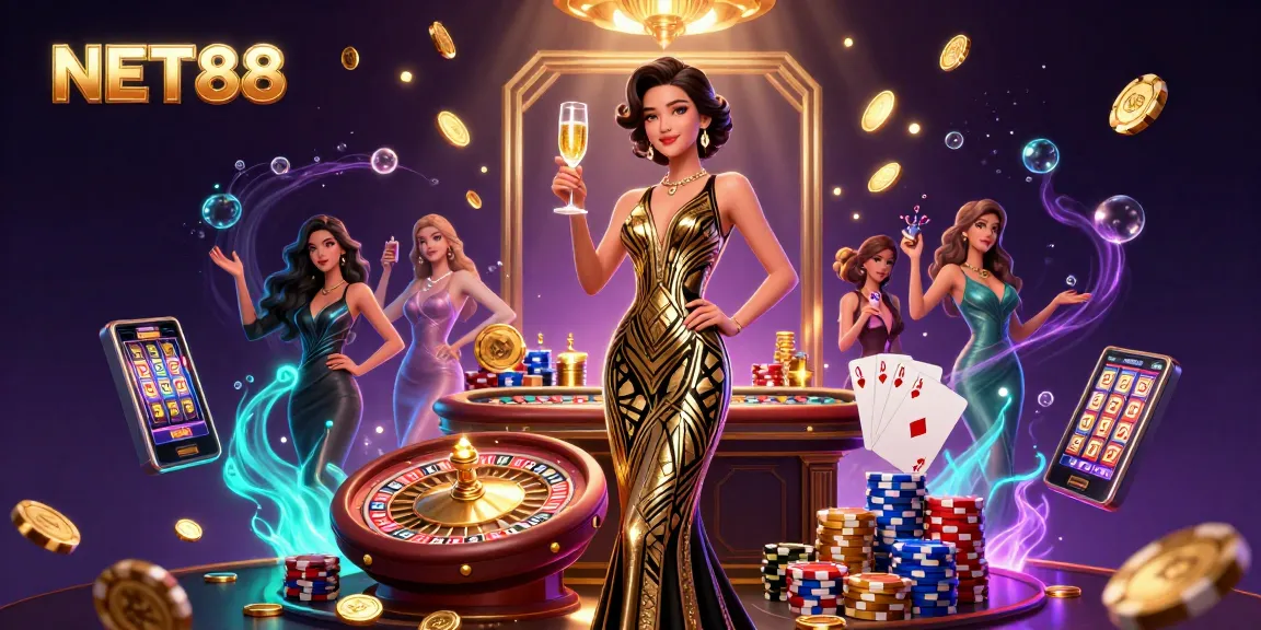 Experience the excitement of NET88 with a glamorous illustration of an elegant Asian woman amidst dynamic casino elements.