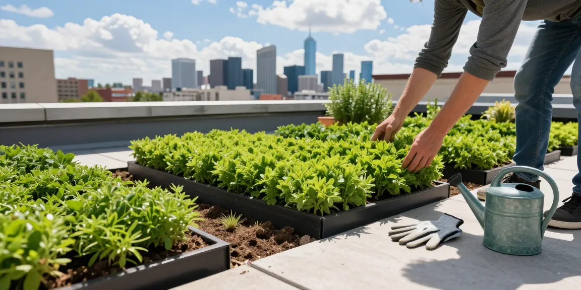 Installeren van lichte sedum cassettes op een stedelijke daktuin met levendige groene planten.
