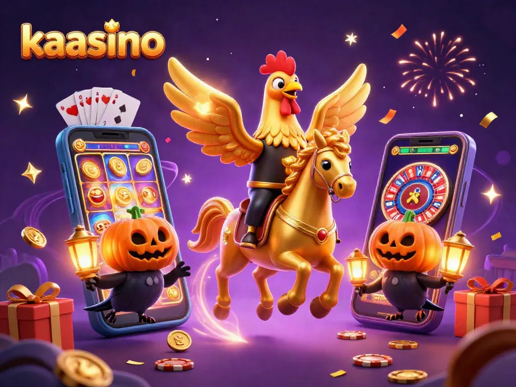 Join the excitement at kaasino with a dynamic 3D scene of a golden rooster in a casino.