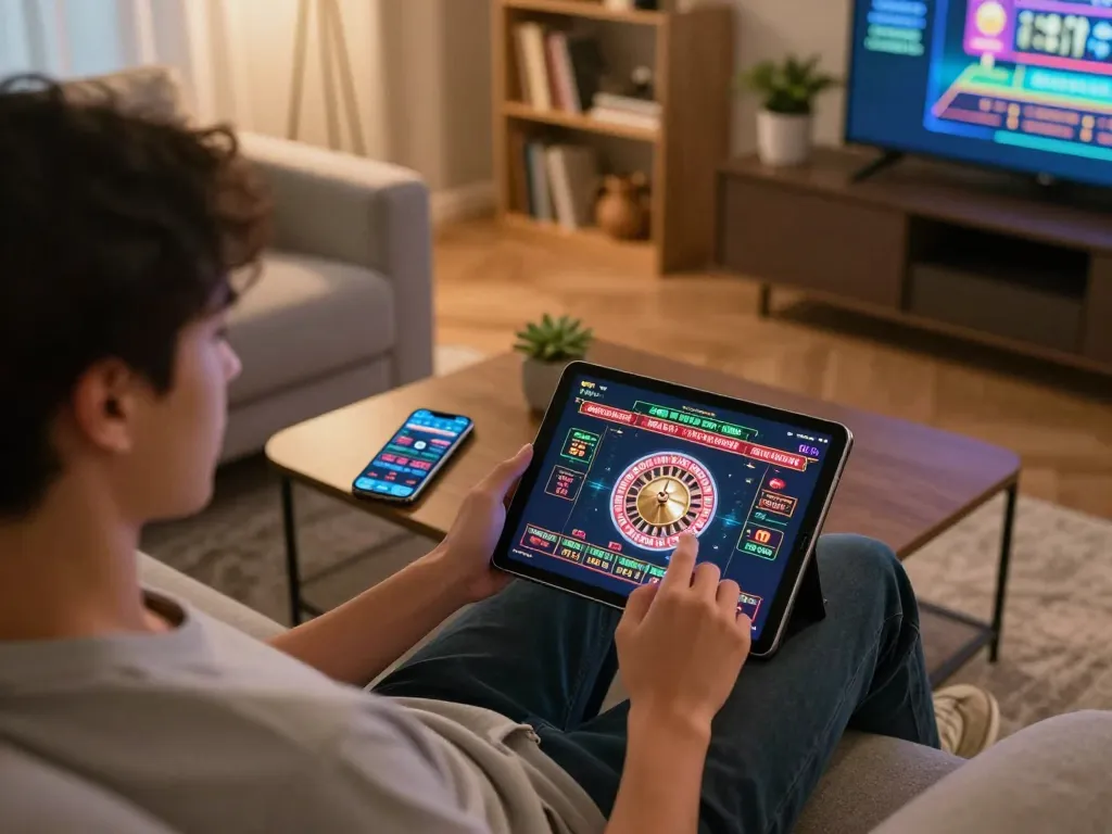 Player enjoying rr99 online casino gaming on a tablet, showcasing a vibrant roulette wheel.