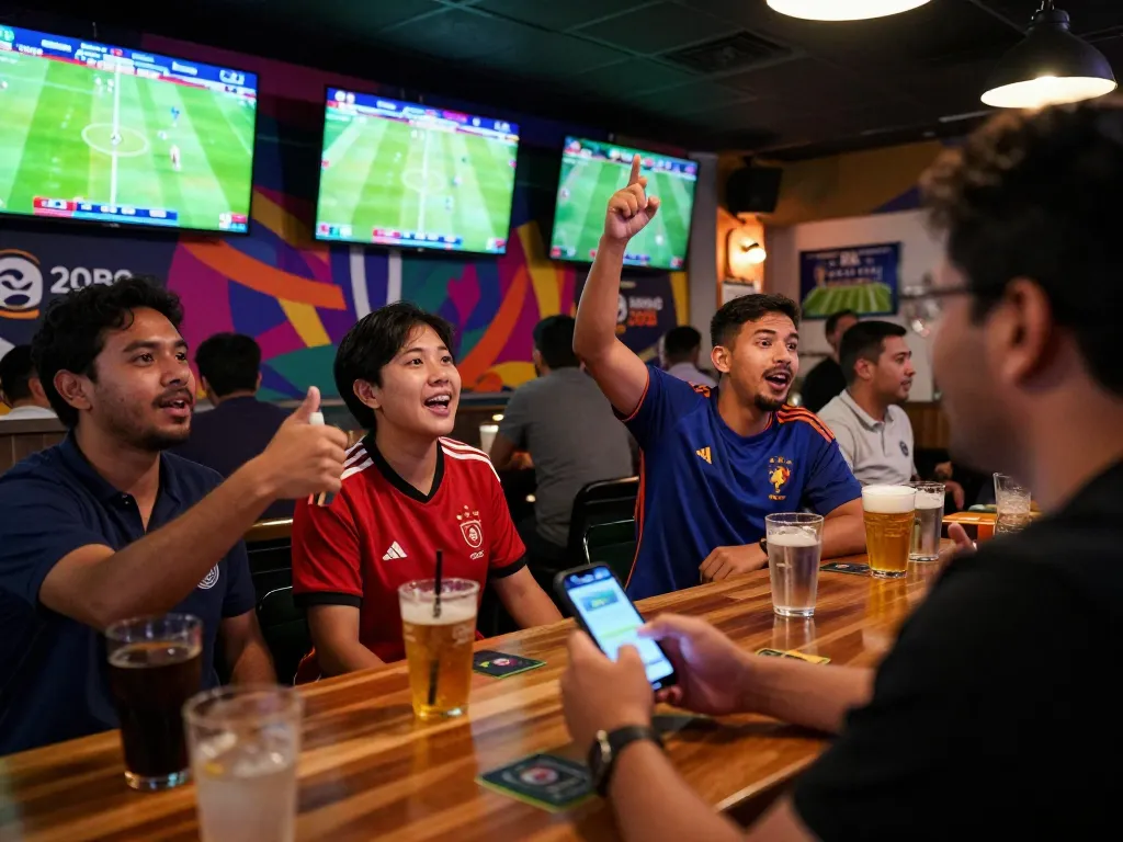 Bettors celebrating bola piala dunia 2026 in a lively sports bar, placing bets and enjoying the atmosphere.