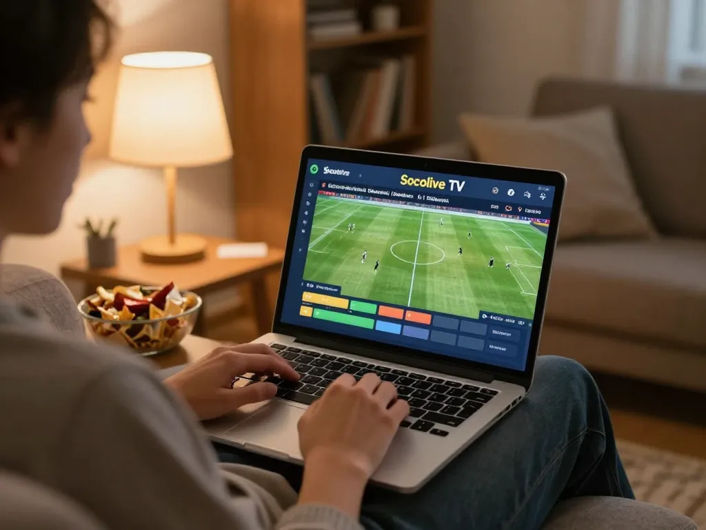 Socolive TV user engaging in live football betting from home, enjoying a comfortable environment.