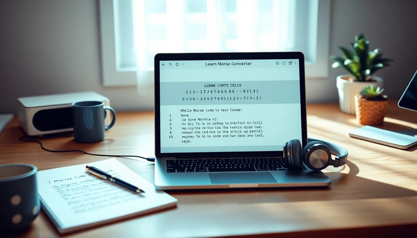 Morse code to text converter displayed on a sleek laptop in a modern learning workspace.