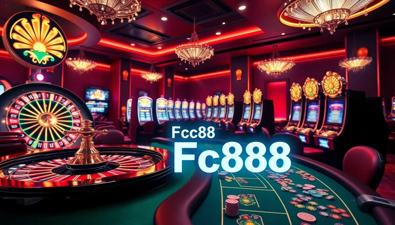 A vibrant casino scene showcasing players at roulette and poker tables, embodying Trang chủ Fc88 excitement.