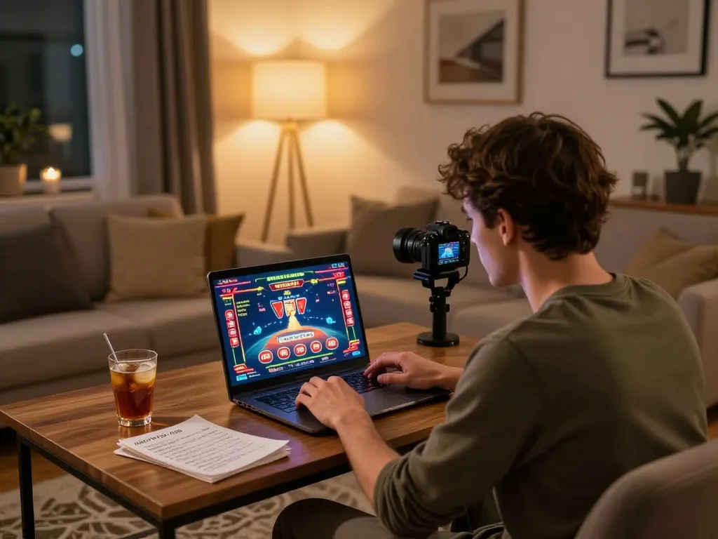 Engaging in online casino with HBET strategy notes and laptop in a cozy setting