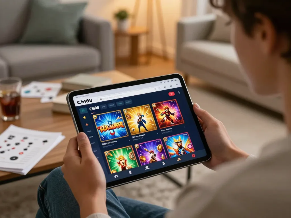 Engaged user exploring CM88 casino app on tablet in cozy home setting