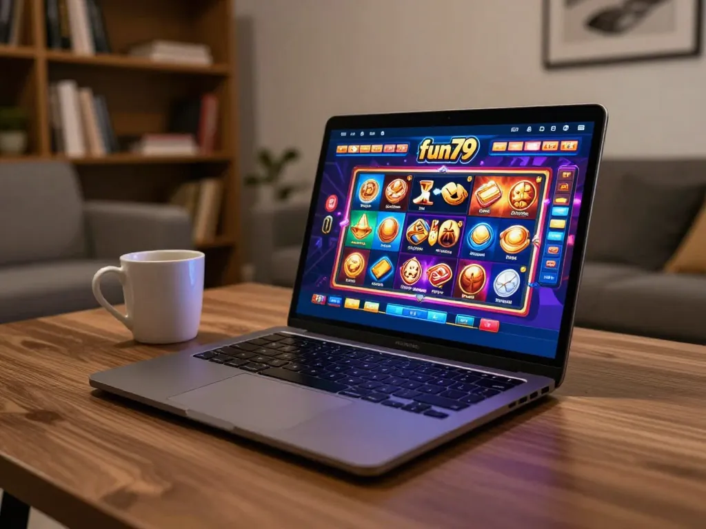 Engaging fun79 online casino gaming setup with colorful graphics and cozy atmosphere