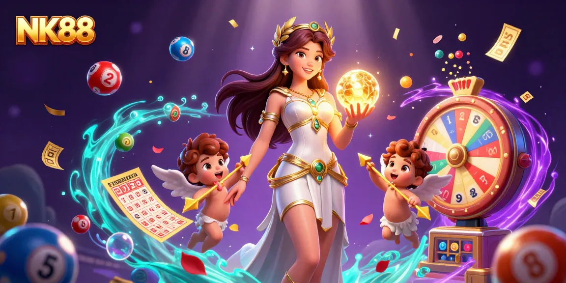 Engage with exciting gaming moments at NK88 with vibrant lottery elements and a goddess figure.