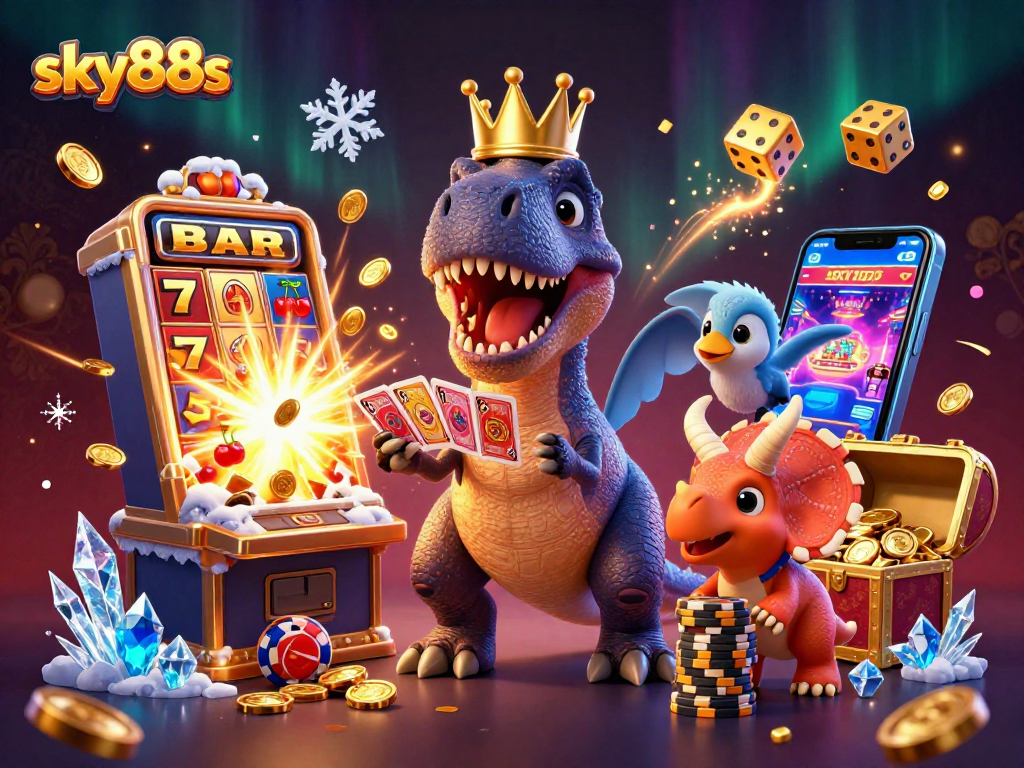 Experience jackpot thrills with sky88s as a T-Rex and friends play cards and stack chips.