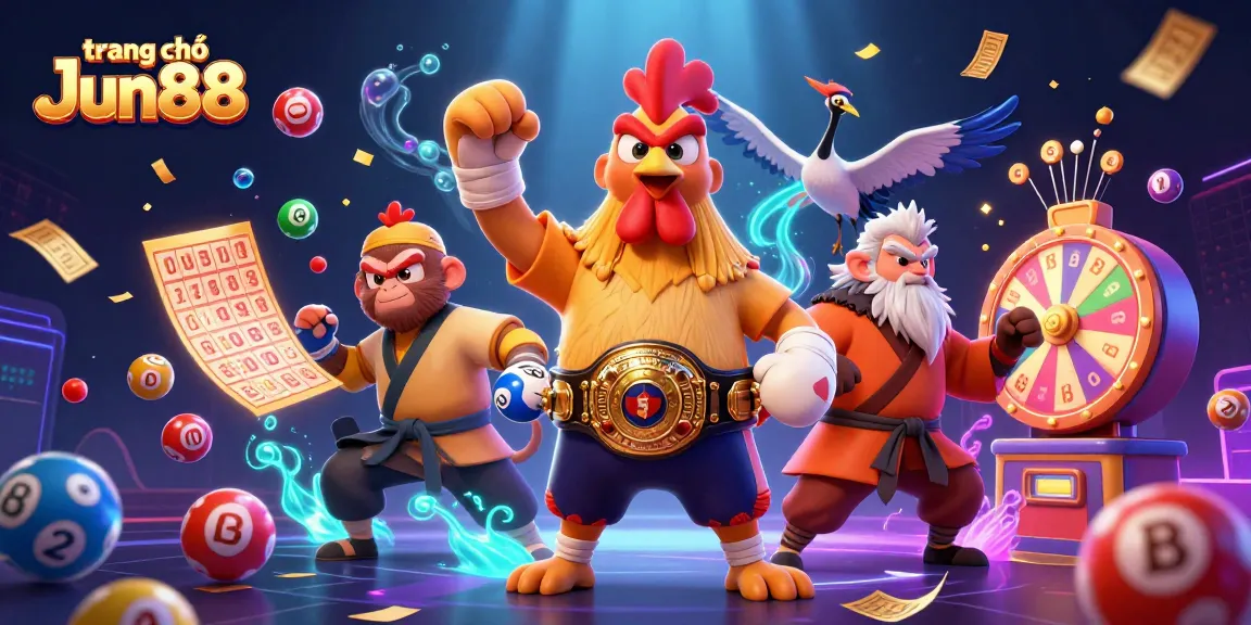 Play and win at trang chủ Jun88 with vibrant 3D animations of a rooster, monkey, and crane.