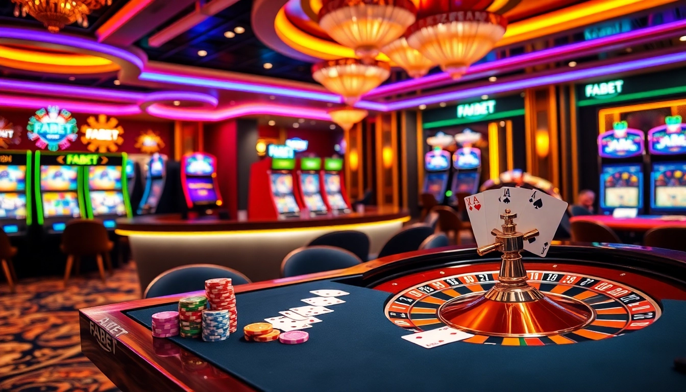 FABET casino scene with a vibrant roulette wheel, poker chips, and colorful slot machines.