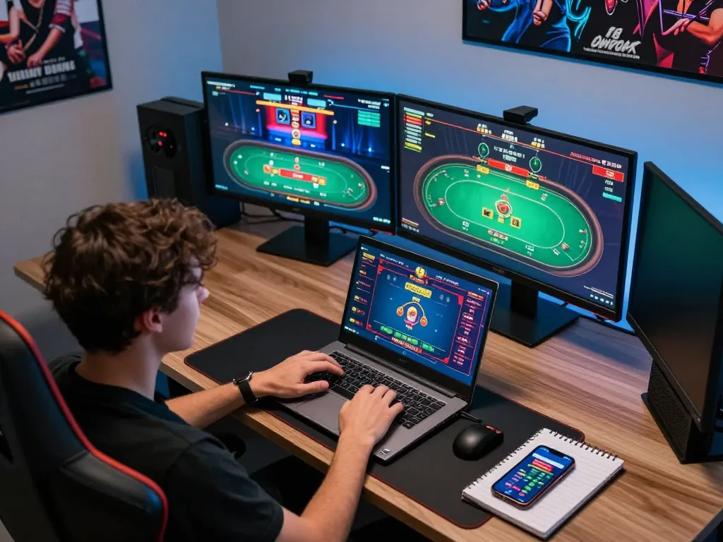 KJC offers a modern online gambling experience with an advanced gaming setup in a stylish environment.