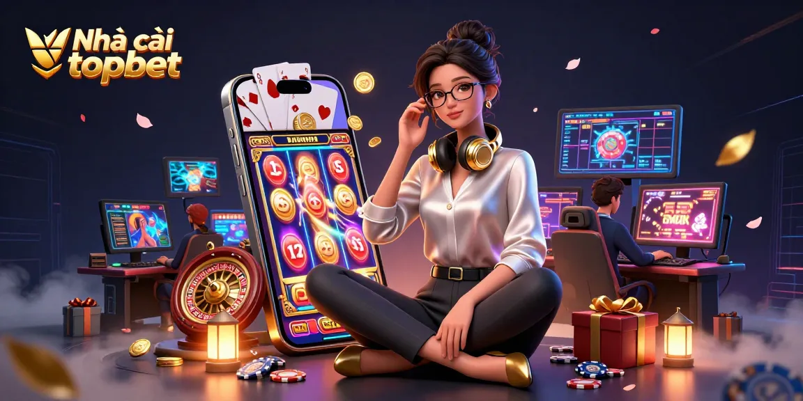 Nhã cái topbet showcases vibrant gaming elements, featuring a stylish woman at a high-tech casino setup.