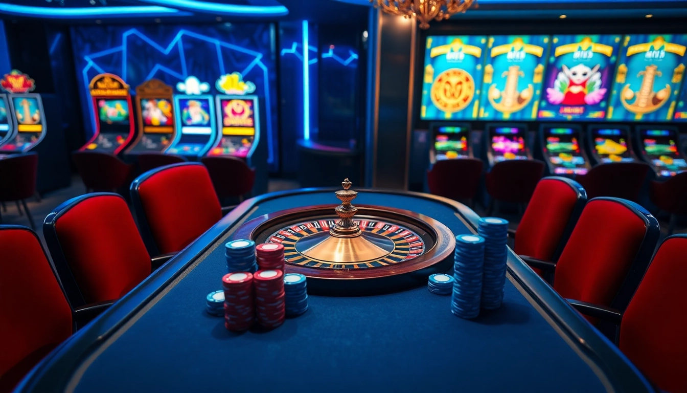 Exciting gaming atmosphere at Sky88 casino with vibrant tables and roulette wheel.