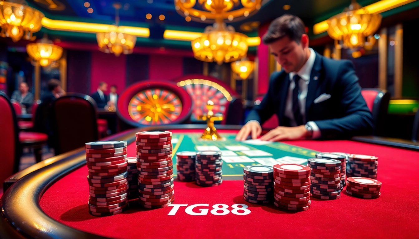 Players strategizing at a poker table featuring TG88, highlighting excitement in a luxurious casino setting.