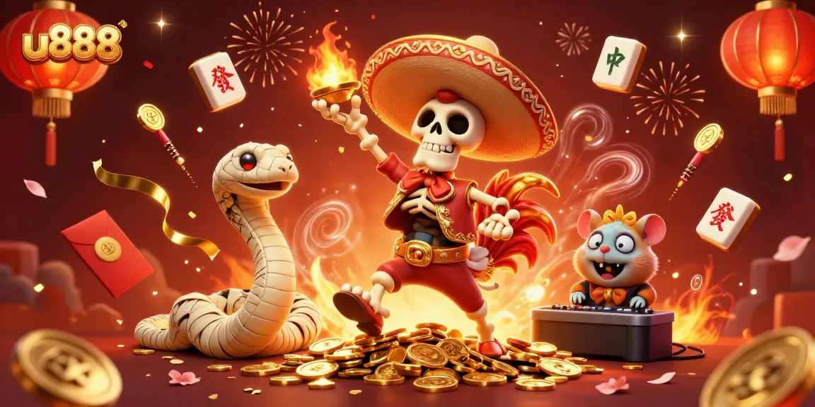 Join the celebration with u888 as the skeleton rooster dances among gold coins in this vibrant casino scene.