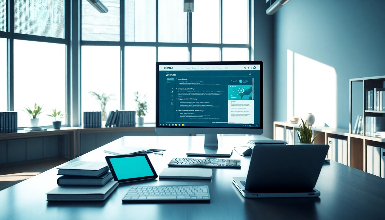 A modern digital translation office showcasing 有道 software on a sleek desktop.