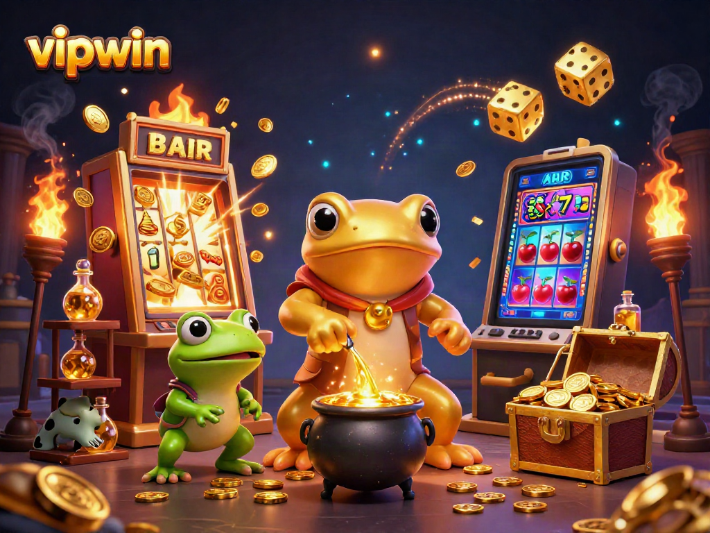 Engage in thrill with vipwin, witnessing a dynamic 3D casino scene filled with golden treasures.