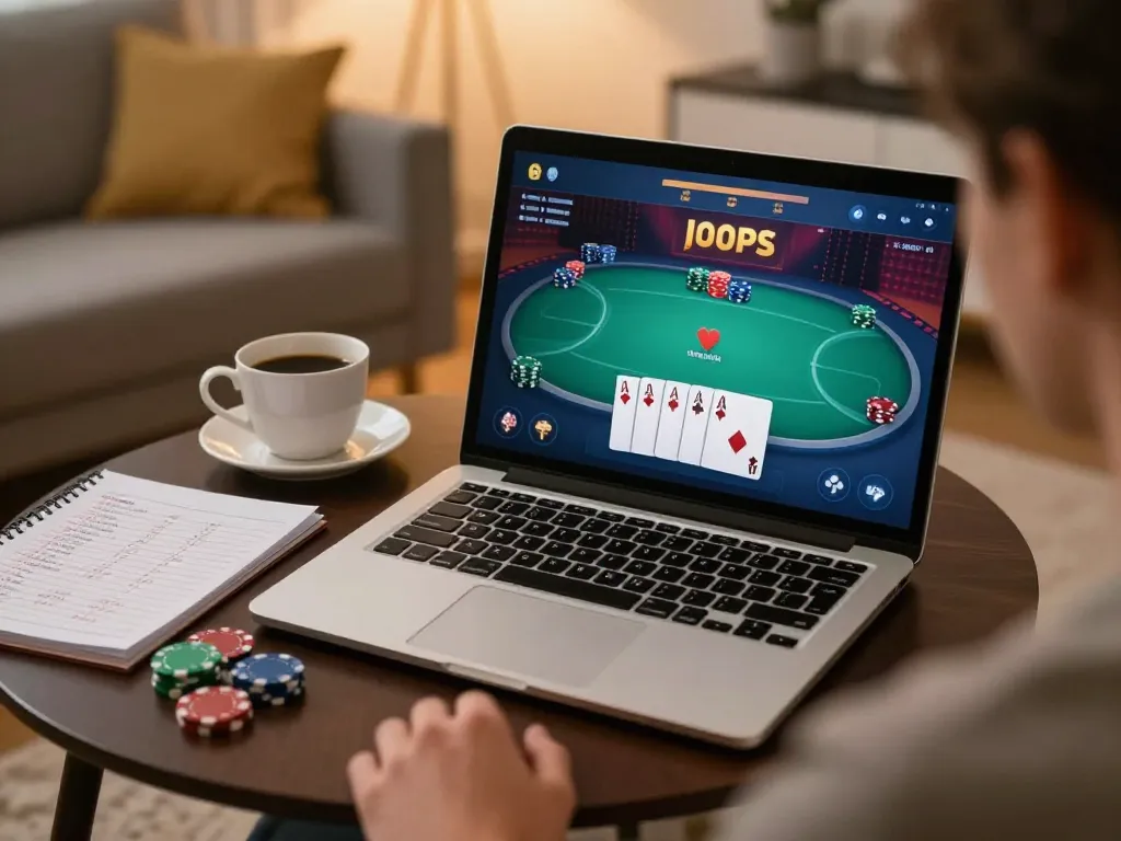 Player enjoys online poker on laptop while using f8bet gaming strategies at home